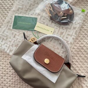 Longchamp Mini Le Pliage Top-Handle Bag in Grey with Brown Flap